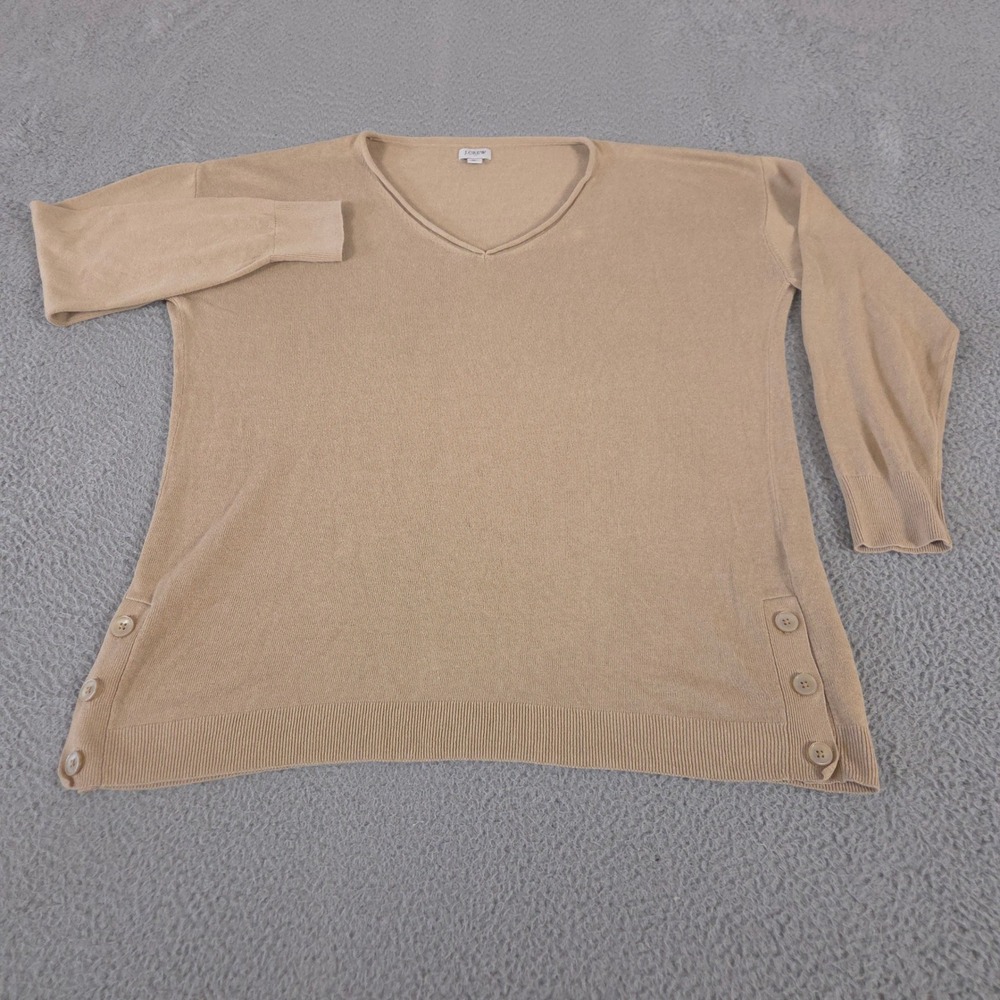 J.Crew Sweater Womens XL Tan Linen-blend Button Tunic V-Neck‎ Side Slit Pullover